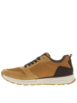 Baskets basses miel en mesh et en similicuir avec des lacets plats