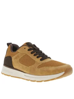 Baskets basses miel en mesh et en similicuir avec des lacets plats
