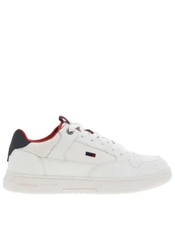 Baskets basses multisport aspect cuir blanc à doublure rouge et lacets plats