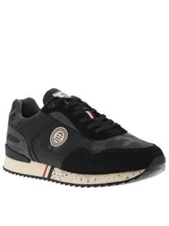 Baskets basses noires et grises en cuir nubuck imprimé camouflage avec logo sur la tige extérieure