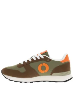 Baskets basses olive, orange et marron avec lacets plats et semelle running