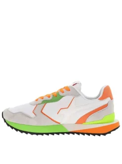 Baskets basses running blanches avec des lacets plats orange fluo
