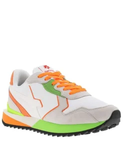 Baskets basses running blanches avec des lacets plats orange fluo