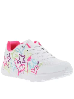 Baskets basses running blanches imprimées graffitis avec des lacets plats