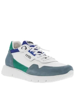 Baskets basses running en cuir bleues avec des lacets plats élastiqués