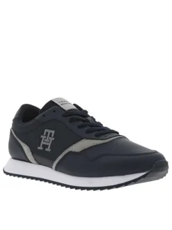 Baskets basses running en cuir bleu marine avec lacets plats et monogramme