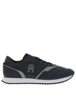 Baskets basses running en cuir bleu marine avec lacets plats et monogramme