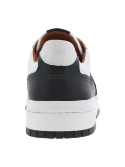 Baskets basses running en cuir bleu marine et blanches avec lacets plats