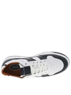 Baskets basses running en cuir bleu marine et blanches avec lacets plats