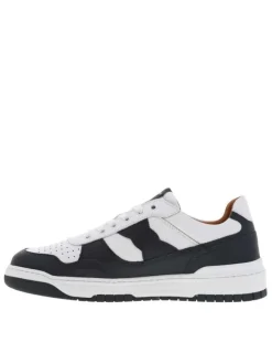 Baskets basses running en cuir bleu marine et blanches avec lacets plats