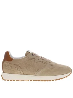 Baskets basses running en cuir nubuck beige à semelle plate et à lacets plats