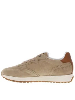 Baskets basses running en cuir nubuck beige à semelle plate et à lacets plats