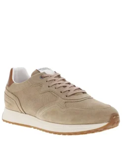 Baskets basses running en cuir nubuck beige à semelle plate et à lacets plats