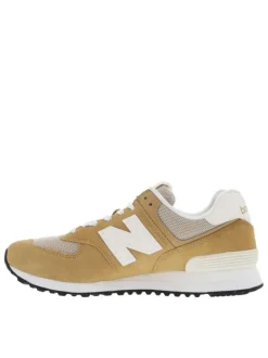 Baskets basses running 574 en cuir suède beige et camel avec lacets plats