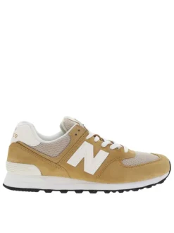Baskets basses running 574 en cuir suède beige et camel avec lacets plats