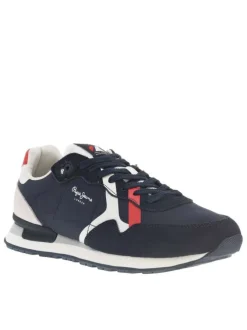 Baskets basses running marine avec empiècements en cuir nubuck et lacets plats