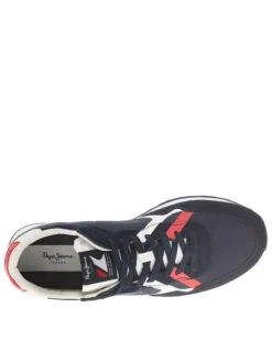 Baskets basses running marine avec empiècements en cuir nubuck et lacets plats