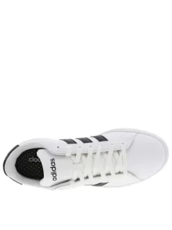 Baskets basses simili cuir blanc avec bandes noires latérales et lacets tressés blancs