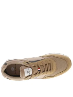 Baskets basses style running beige avec des lacets plats et détail tricolore