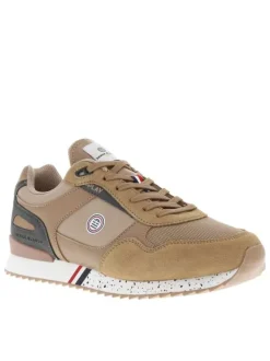 Baskets basses style running beige avec des lacets plats et détail tricolore