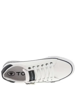 Baskets basses tennis blanches et marine avec lacets plats et zip latéral