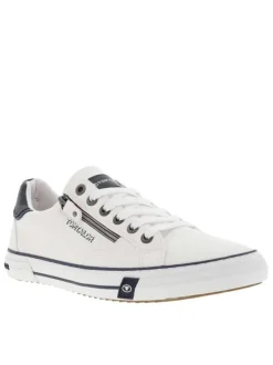 Baskets basses tennis blanches et marine avec lacets plats et zip latéral