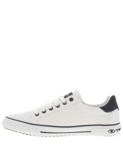 Baskets basses tennis blanches et marine avec lacets plats et zip latéral