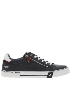 Baskets basses tennis bleu marine avec des lacets plats blancs et un zip latéral
