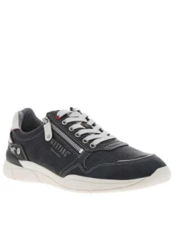 Baskets basses tennis bleu marine avec des lacets plats gris et un zip latéral