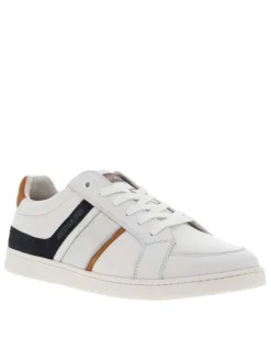 Baskets basses tennis en cuir blanches avec lacets plats et logo sur le côté