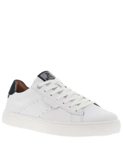 Baskets basses tennis en cuir blanches et marine avec des lacets plats