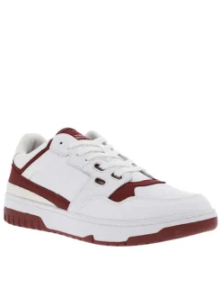 Baskets basses tennis en cuir bordeaux et blanches avec des lacets plats