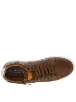 Baskets basses tennis en cuir cognac avec lacets plats et zip sur l'extérieur