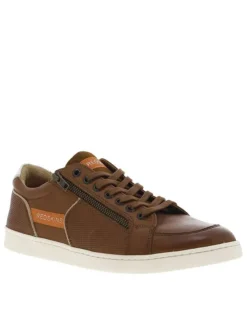 Baskets basses tennis en cuir cognac avec lacets plats et zip sur l'extérieur