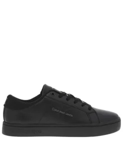 Baskets basses tennis en cuir noires avec lacets plats et logos