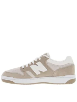 Baskets basses tennis 480 en cuir nubuck beiges avec lacets plats blancs