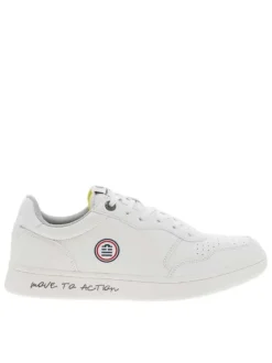 Baskets basses tennis en simili cuir blanc à semelle plate ton sur ton et lacets plats élastiqués