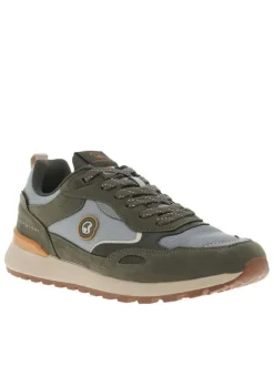 Baskets bleu et kaki à semelle crantée et surpiqûres contrastées sur les lacets