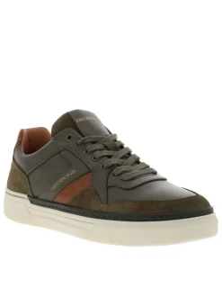 Baskets en cuir kaki avec empiècements effet daim et semelle à talon plat