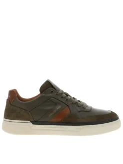 Baskets en cuir kaki avec empiècements effet daim et semelle à talon plat