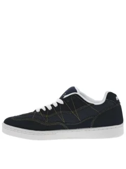 Baskets larges en cuir bleues marine à surpiqûres jaunes et à lacets plats