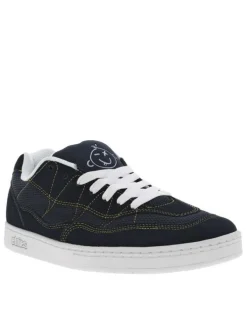 Baskets larges en cuir bleues marine à surpiqûres jaunes et à lacets plats