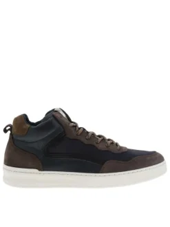 Baskets montantes divers cuir bleu marine et taupe à semelle sneakers plate et à lacets ronds tressés