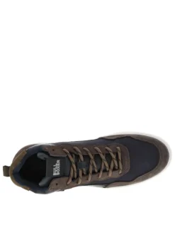 Baskets montantes divers cuir bleu marine et taupe à semelle sneakers plate et à lacets ronds tressés