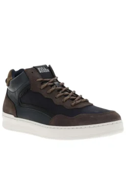 Baskets montantes divers cuir bleu marine et taupe à semelle sneakers plate et à lacets ronds tressés
