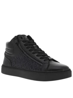 Baskets montantes en cuir noir à semelle vulcanisée, lacets et zip latéral