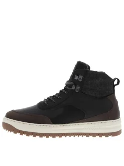 Baskets montantes en divers empiècements de cuir noir à talon plat avec semelle plateforme bicolore