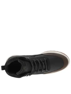Baskets montantes en divers empiècements de cuir noir à talon plat avec semelle plateforme bicolore
