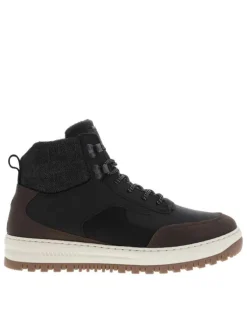 Baskets montantes en divers empiècements de cuir noir à talon plat avec semelle plateforme bicolore