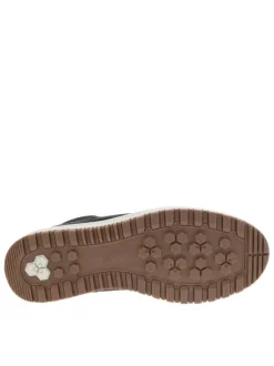 Baskets montantes en divers empiècements de cuir noir à talon plat avec semelle plateforme bicolore